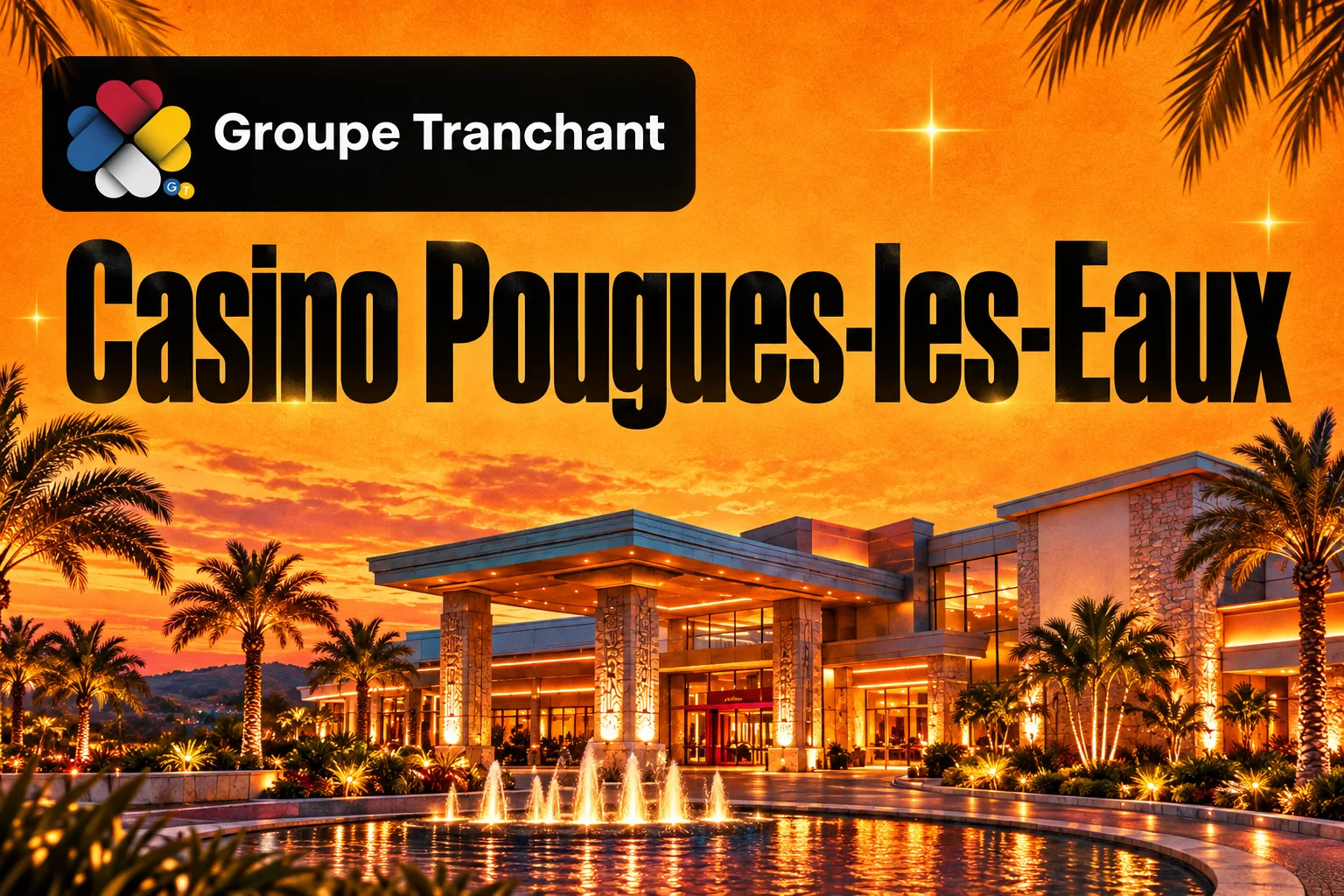 Façade éclairée du Casino Pougues-les-Eaux avec son bassin, et l'offre de 250 tours gratuits